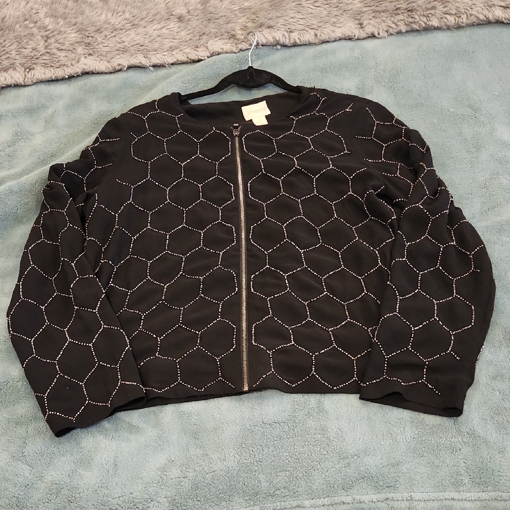 Super Chic Chico's Black Jacket With Silver Hexagon Pattern Bomber Size 1 (M)